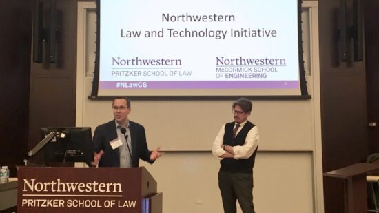 Professors Dan Linna and Kris Hammond kick off the Northwestern Law and Technology Initiative meeting at Northwestern Pritzker School of Law on September 5, 2019.