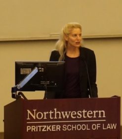 Law School Dean Kimberly A. Yuracko welcomes the attendees at the Northwestern Law and Technology Initiative meeting.