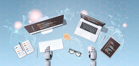 robot developer at workplace web site design development program coding concept top angle desktop view robotic humanoid using digital devices horizontal