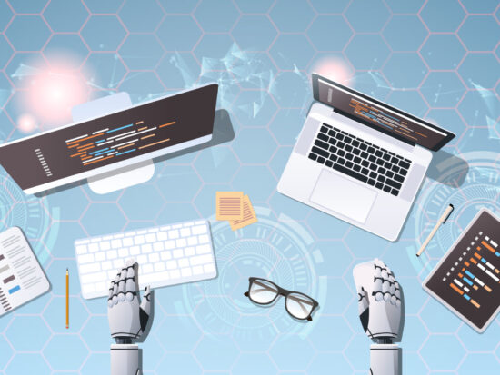 robot developer at workplace web site design development program coding concept top angle desktop view robotic humanoid using digital devices horizontal