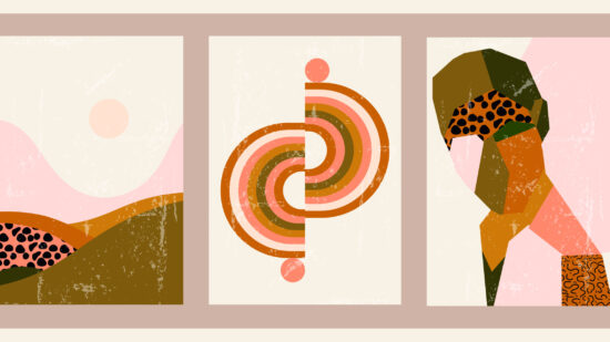 Vintage aged striped background with silhouette of a man, boho rainbow, landscape with sun, tropical pattern.