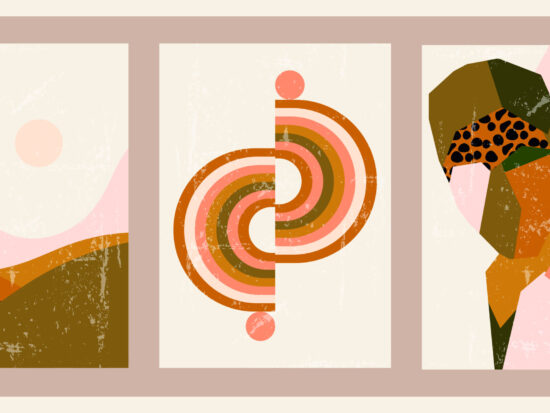 Vintage aged striped background with silhouette of a man, boho rainbow, landscape with sun, tropical pattern.