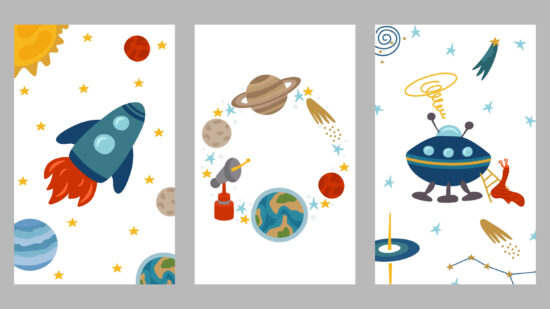 Set of space postcards for a party, themed birthday invitations. Colorful design for holidays with rocket, alien ship, planets, sun, earth, constellations, stars.