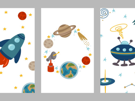 Set of space postcards for a party, themed birthday invitations. Colorful design for holidays with rocket, alien ship, planets, sun, earth, constellations, stars.