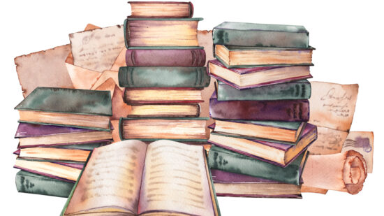 Old books stacks arrangement. Watercolor illustration.