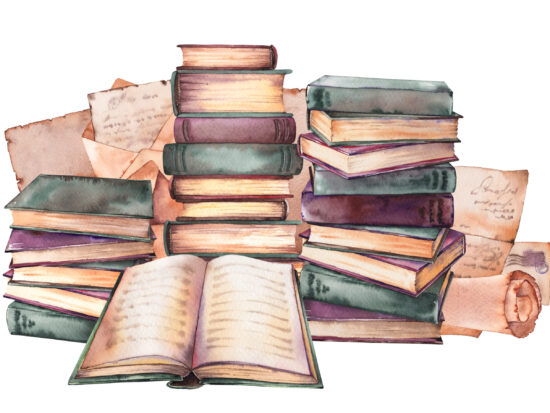 Old books stacks arrangement. Watercolor illustration.