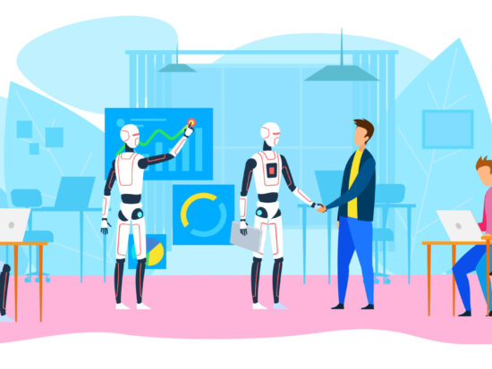 Robot Office Workers People Humanoids Handshake.