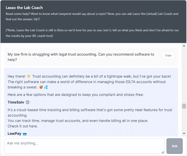 Shows a screenshot of Lasso the Lab Coach in action returning a list of suggested software products from a Labster's question about trust accounting help.