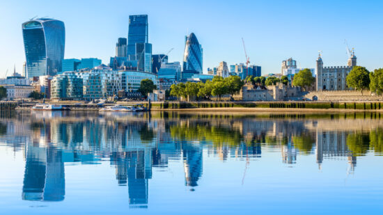 Cloudless day at financial district of London