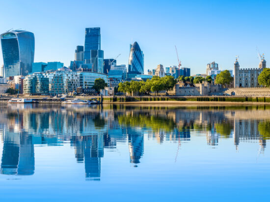 Cloudless day at financial district of London
