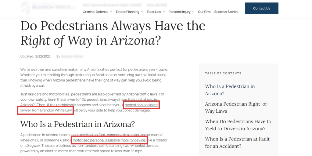 example of internal linking for a website