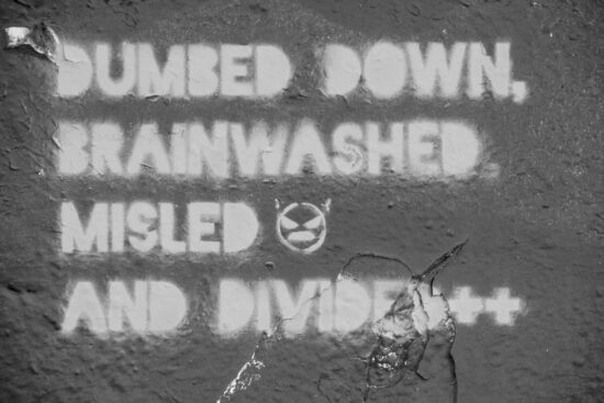 Black and white photograph of a graffiti reading "Dumbed down, brainwashed , misled and divided"