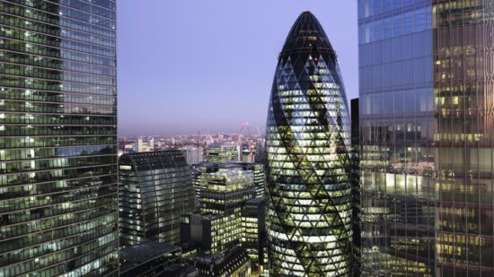 Elevated view of London financial district at dusk