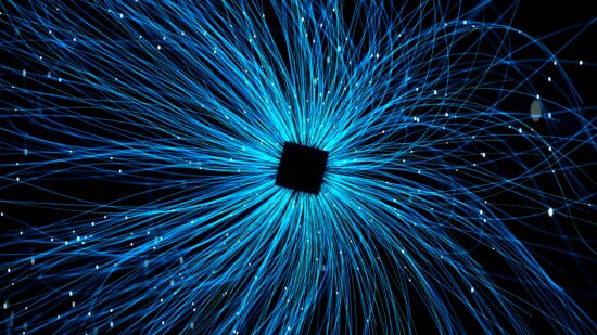 blue divergent technology curve particle background