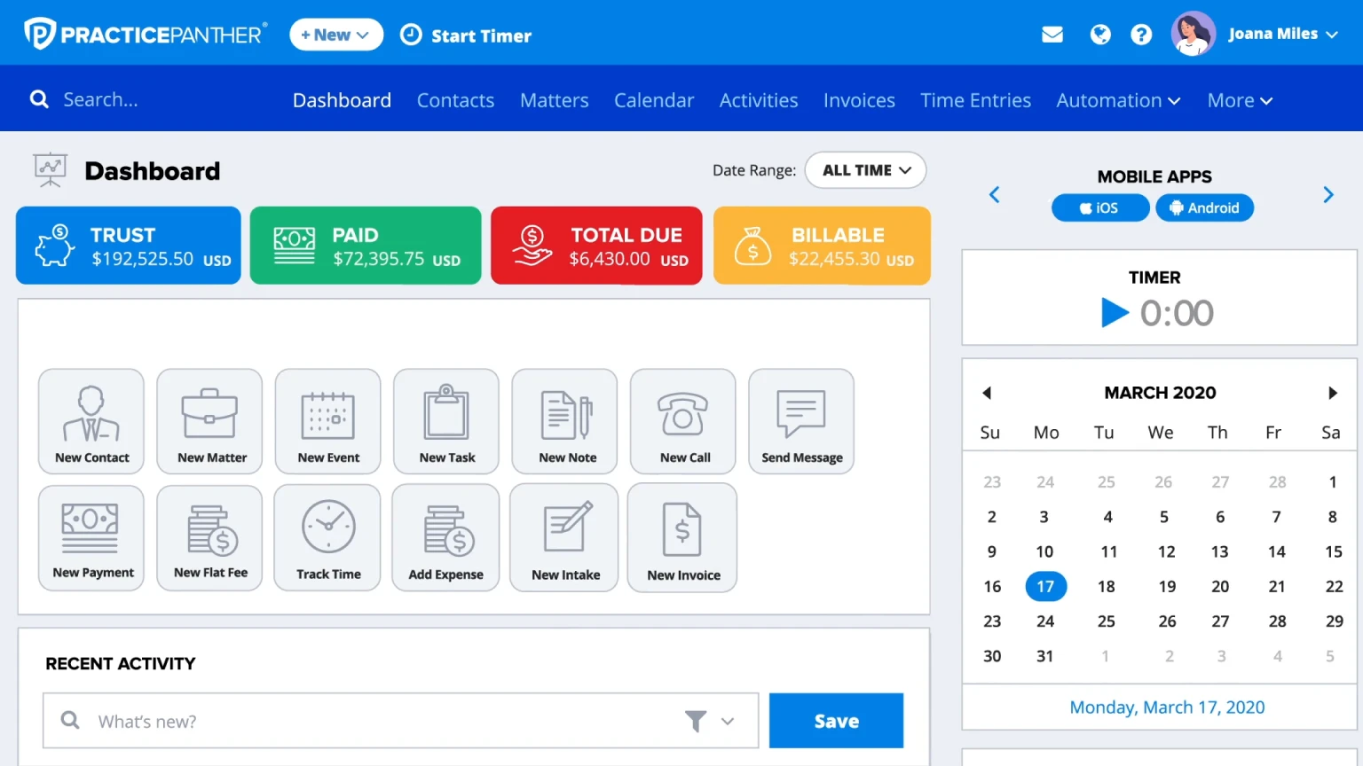 PracticePanther interface