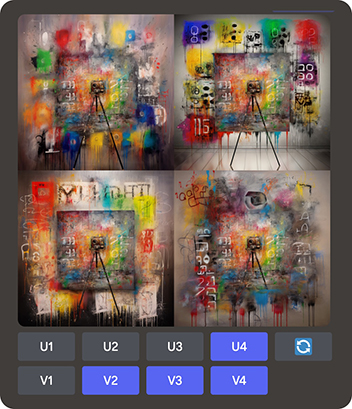 A four-panel collage of abstract, colorful paintings on easels, featuring various shapes and symbols, each positioned differently within the frame. Below are labeled buttons.