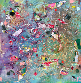 Abstract painting featuring an array of colorful fragments and shapes scattered across a predominantly blue-green background.