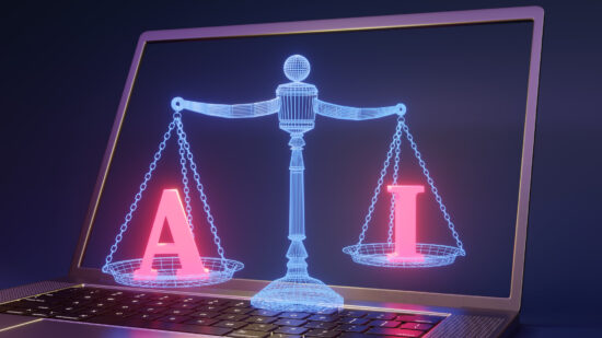 Blue neon glowing weight balance scale holding red alphabet AI on a silver laptop. Illustration of the concept of legislation and regulations of artificial intelligence act and laws
