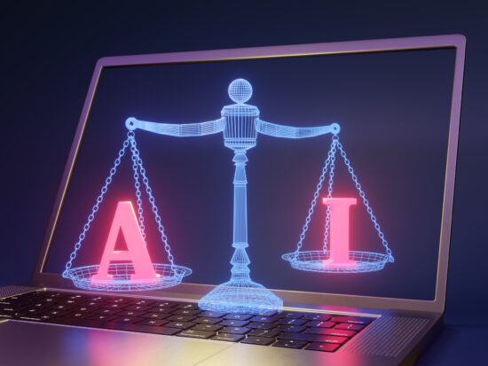 Blue neon glowing weight balance scale holding red alphabet AI on a silver laptop. Illustration of the concept of legislation and regulations of artificial intelligence act and laws