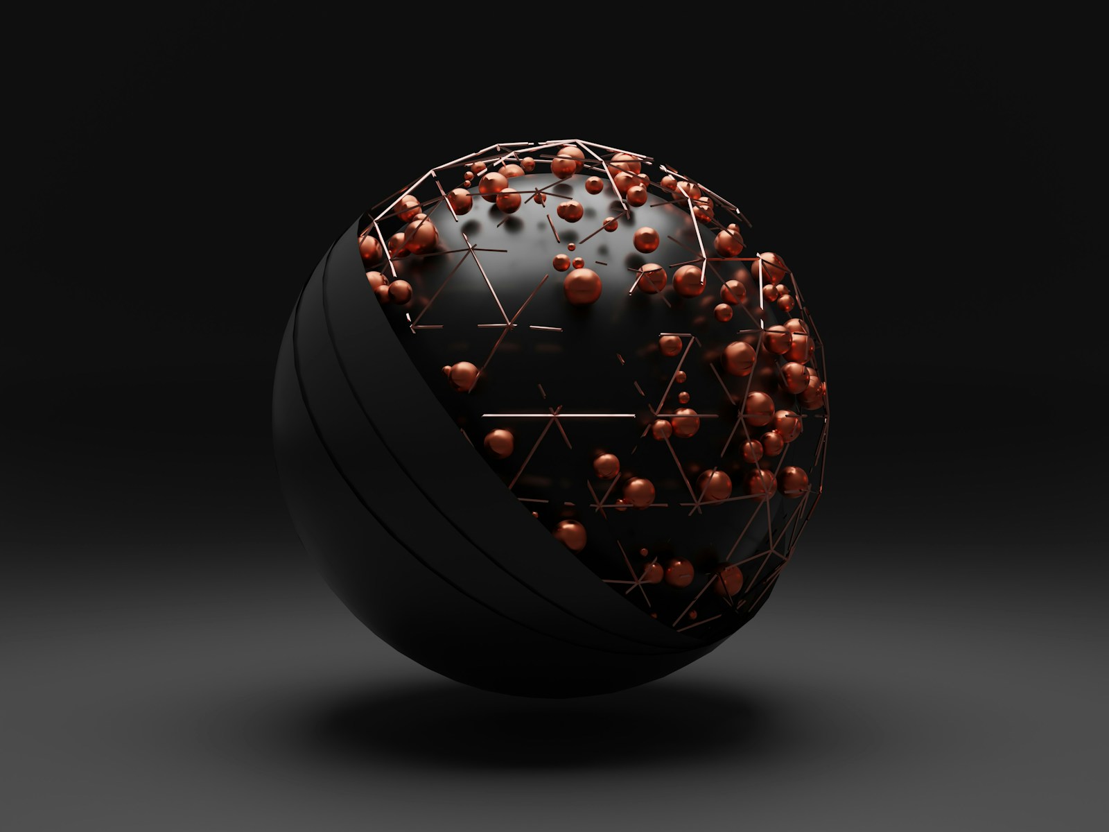 3d illustration of a sphere with lots of coffee-colored small balls hovering over it.