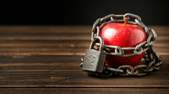 Picture of a red apple on a table, covered in chains with a padlock