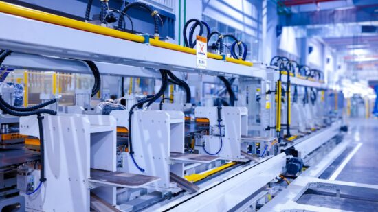 Industrial production line of a refrigerator manufacturing plant Translation: "WARNING Danger! Prohibit reach into"