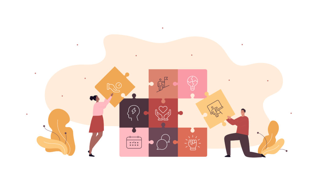 Soft skills for lawyers for business concept collection. Vector flat character illustration. Man and woman team make jigsaw puzzle of competencies symbol isolated on white. Design for corporate training, business