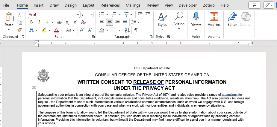 A screenshot showing Microsoft Word's application menus and buttons at the top, on the so-called Ribbon. In the space below is a representation of a document. It is a privacy act waiver with a title that starts "Written Consent to the Release of Personal Information" and followed by more text.
