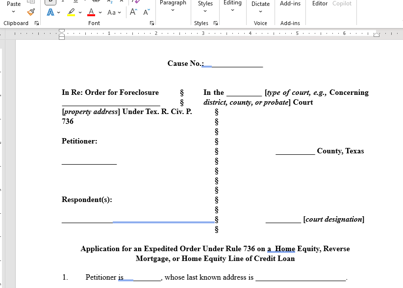A screenshot of Microsoft Word, with part of the Ribbon visible above the representation of the document. The document has a case style at the top, starting with the words Cause Number and then terminology like In Re: Order for Foreclosure and space for the names of the parties to this legal action. There are blue lines overlaying some of the text, showing that Microsoft Word is automatically alerting about grammar and layout problems.