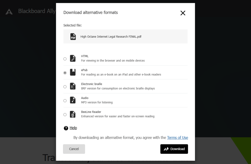 A screenshot of a web page that says Blackboard Ally at the top left. In the center is a dialog box with choices for file format types, including epub, braille, and html. At the bottom right is a black button that says download.