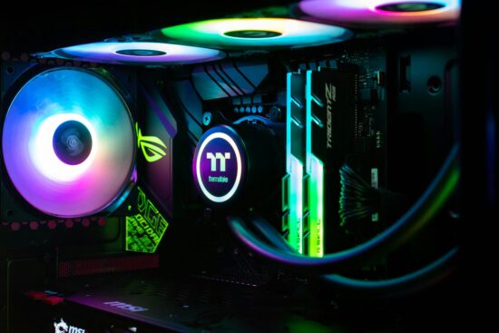 Inside of a professional watercooled gaming/workstation computer with RGB LED lighting