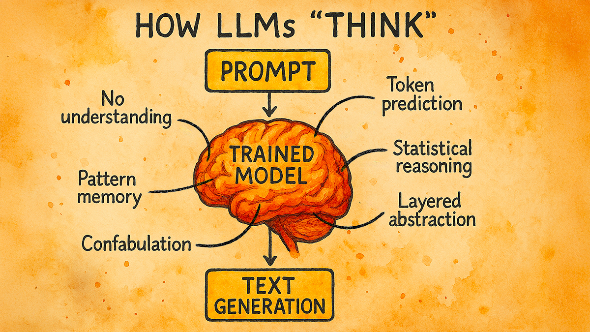 Infographic shows how the ghosts in the machine think a brain represents the trained model a prompt is fed into the brain and we get text generation out, but labels pointing to the brain remind us that there is token prediction, statistical reasoning, layered abstraction, pattern memory, confabulation and that there is no understanding on the part of the LLM