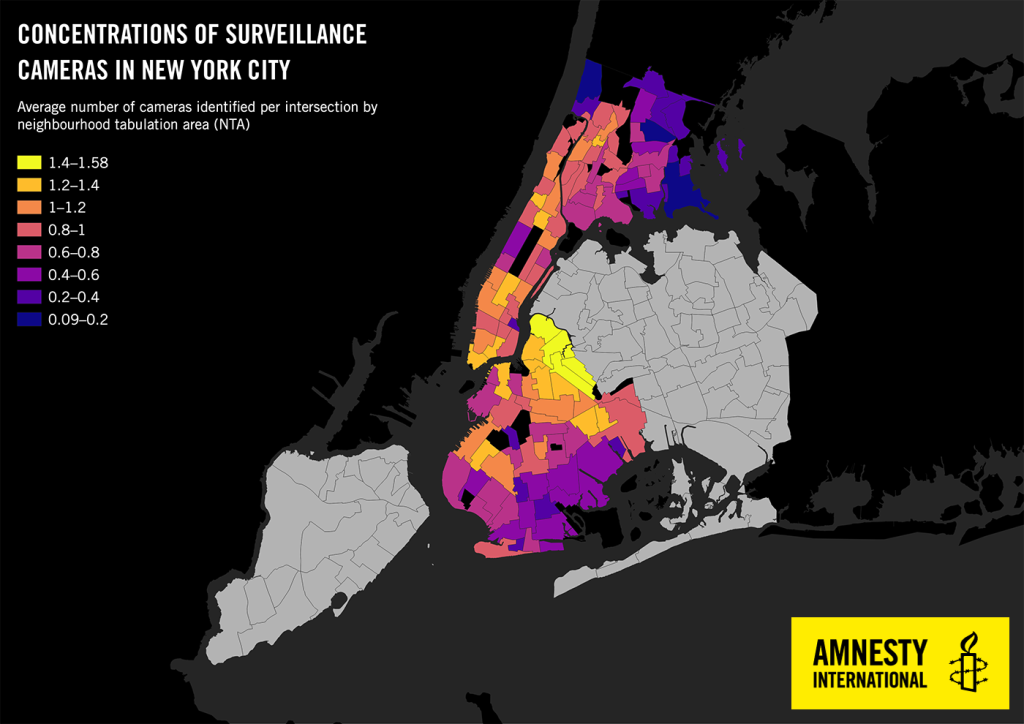 Orphans in Poisoned Libraries 8 A map by Amnesty International showing concentrations of surveillance cameras in New York City. Areas with higher camera density are marked in brighter colors (yellow, orange, and pink), predominantly covering neighborhoods with higher populations of racial minorities and economically disadvantaged communities. Lower-density areas appear in darker colors (purple and blue), often corresponding to wealthier neighborhoods.