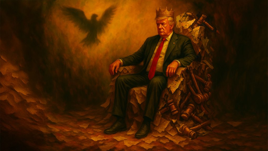 watercolor and oil image generated by AI shows Donald Trump as King, sitting on a throne made of judges' gavels and ruined legal documents; a shadow of a bird somewhat reminescent of that used by the Third Reich appears on the wall beside him; the gavels and documents signify when the law breaks
