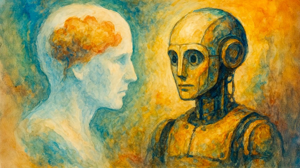 A watercolor-style illustration showing a ghostly human figure with a visible brain facing a golden humanoid robot. The two figures stare at each other across a soft, abstract background, suggesting a parallel between human thought and artificial intelligence