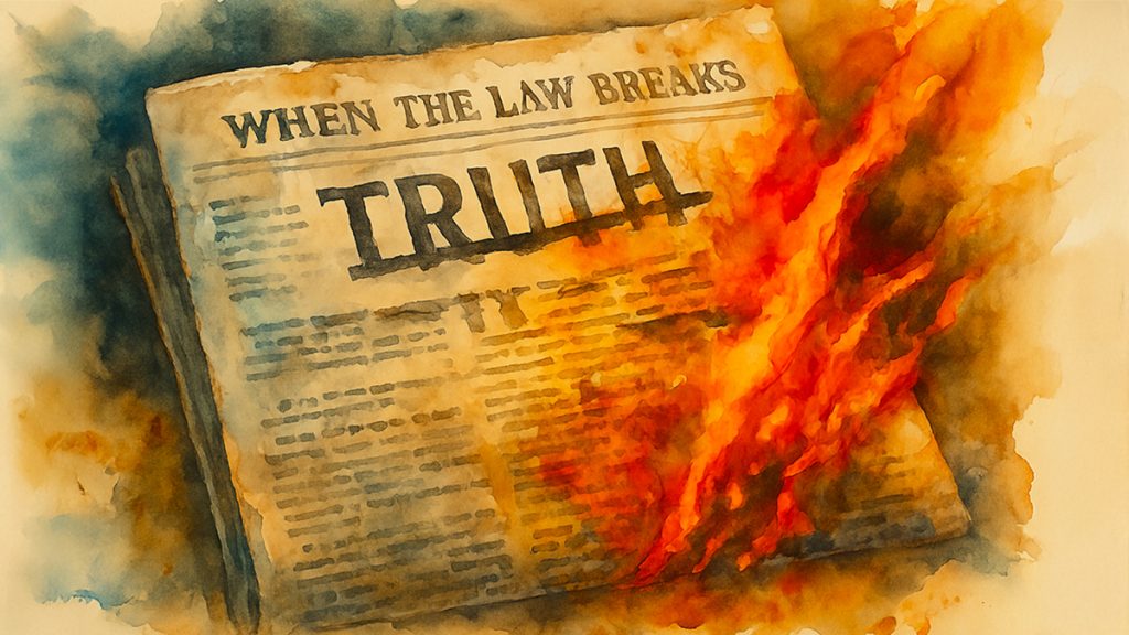 Burning newspaper with headline "When the Law Breaks" and the word "Truth" appearing below it, all in capitals, crossed out