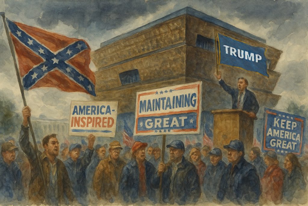 Watercolor-style illustration of a rally scene with a crowd holding signs and a Confederate flag. A speaker stands at a podium, waving a blue 'TRUMP' flag. Some of the signs read 'AMERICA-INSPIRED' and 'MAINTAINING GREAT,' while others feature the slogan 'KEEP AMERICA GREAT.' The scene is set against a large, nondescript building in the background. These are the promoters of the New Confederacy of Silence.
