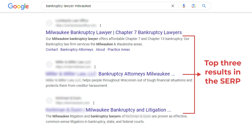 Top three results in the SERP