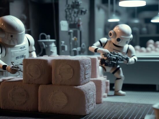 Cute tiny little robots are working in a futuristic soap factory