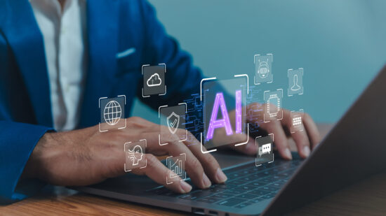 AI generated artificial intelligence chatbot, humans use AI technology enter command prompt for generate, Business person chatting with a smart bot developed, Futuristic technology transformation.