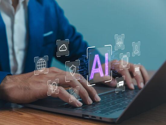 AI generated artificial intelligence chatbot, humans use AI technology enter command prompt for generate, Business person chatting with a smart bot developed, Futuristic technology transformation.