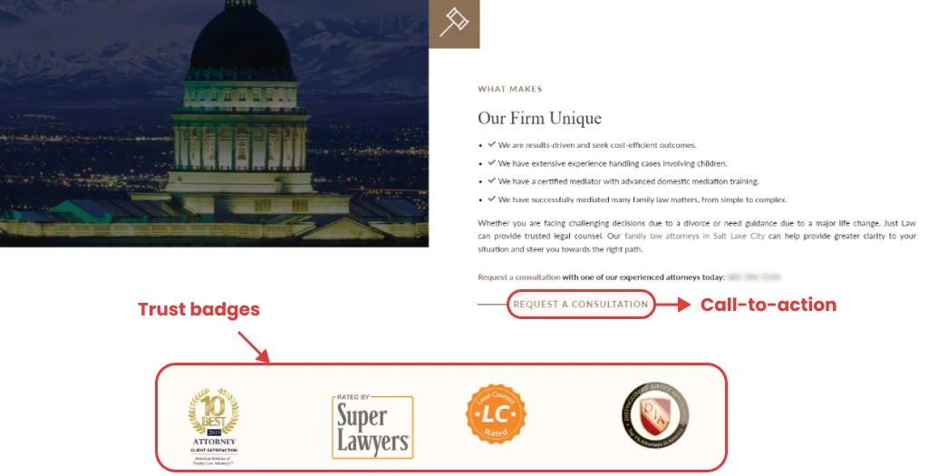 An example of fa,ily lawyer landing page design
