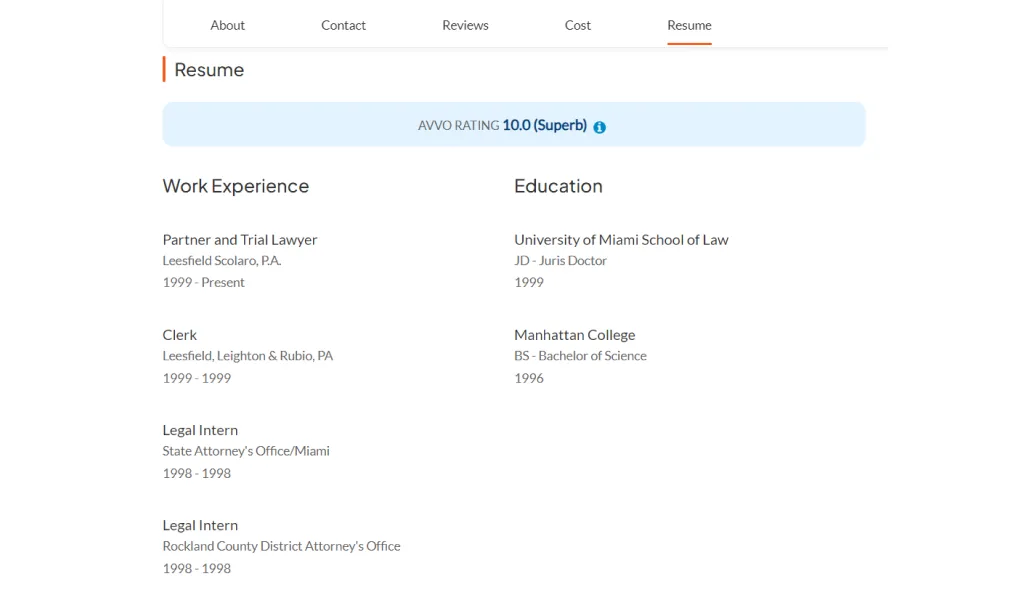 An example of Resume setion on Avvo