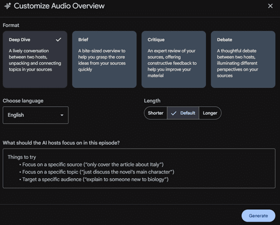 Screenshot of NotebookLM audio options