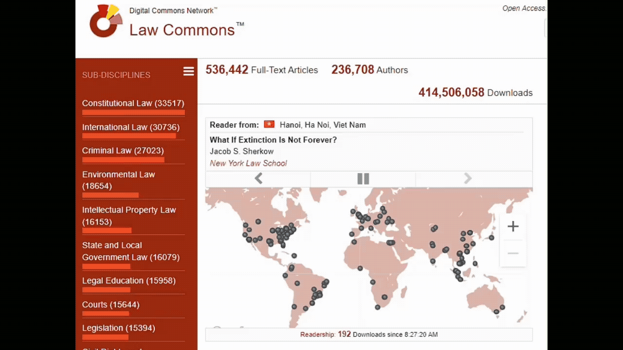 An animated gif of the Elsevier BePress Digital Commons Law Commons splash page. It includes a Google map of the world. As a journal article is downloaded, the map shows a new pin. The video is at 10x speed for three minutes and the populated parts of the globe (excluding the terrorist nation of Russia) are quickly filled with pins. The download counter above the map does not change.