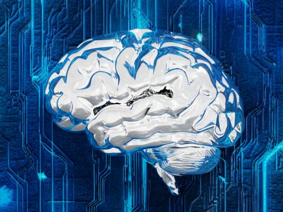 A digital artwork depicting the synergy between the human brain and artificial intelligence (AI). Featuring futuristic visuals, the metallic, liquid-like brain exudes sophistication, surrounded by electronic circuit patterns symbolizing connectivity and technological evolution. This piece represents a future where AI and humanity collaborate to create limitless innovation.