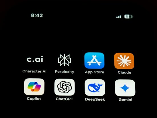 All famous AI chat apps like Character.AI, Perplexity, Claude, Copilot, Chat GPT, Deepseek, Gemini with Appstore icon on an iphone screen.