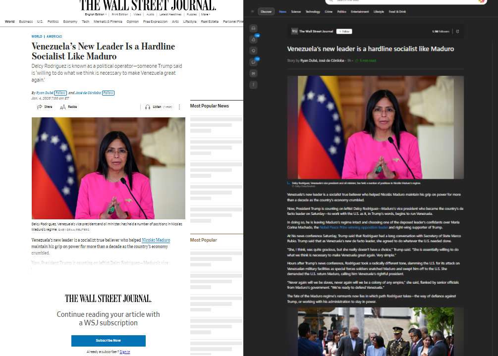 An image showing two web pages. Both show the same Wall Street Journal article. The one on the left is from the WSJ home page and the one on the right (in dark mode) is from MSN.com.
