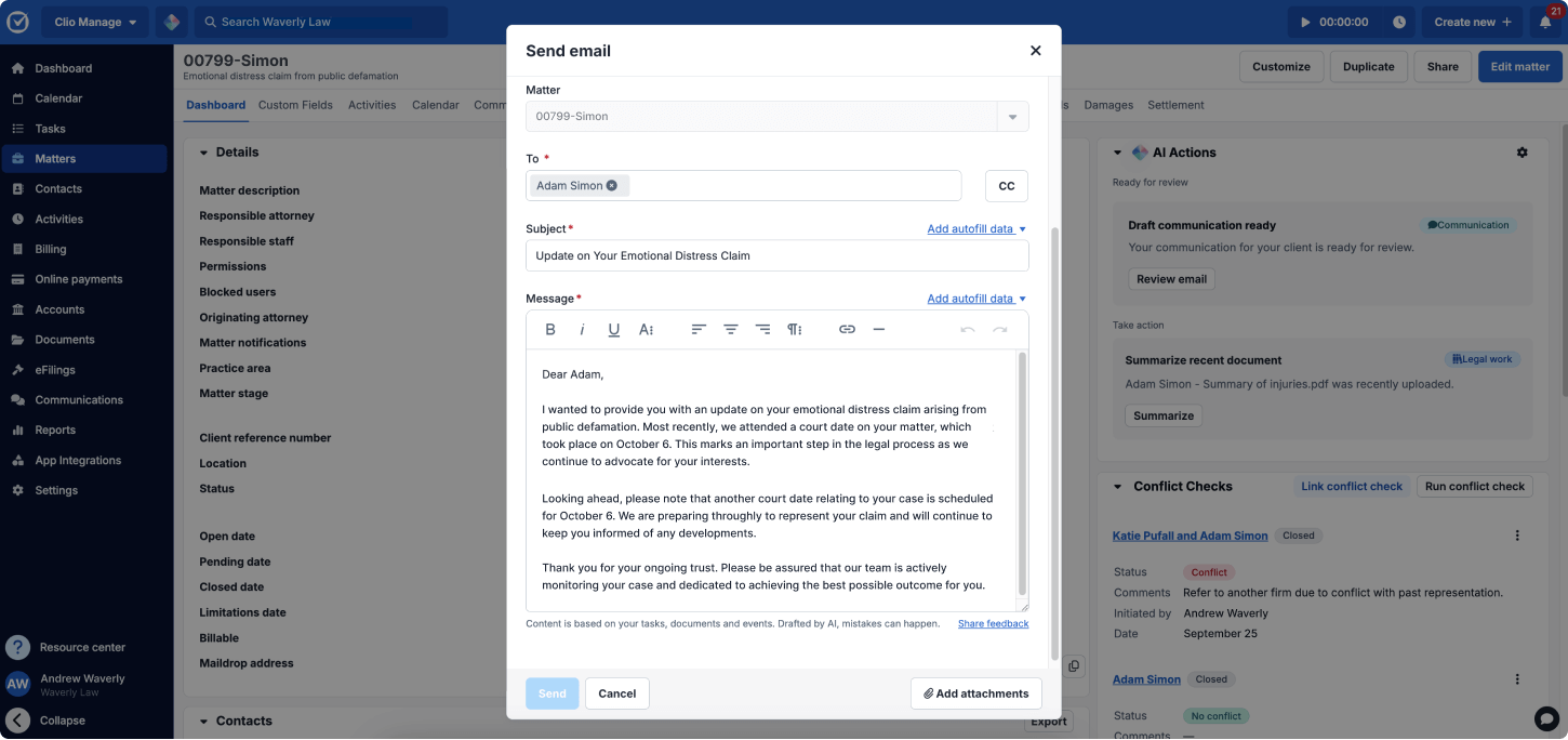 AI-powered client messaging in Manage AI