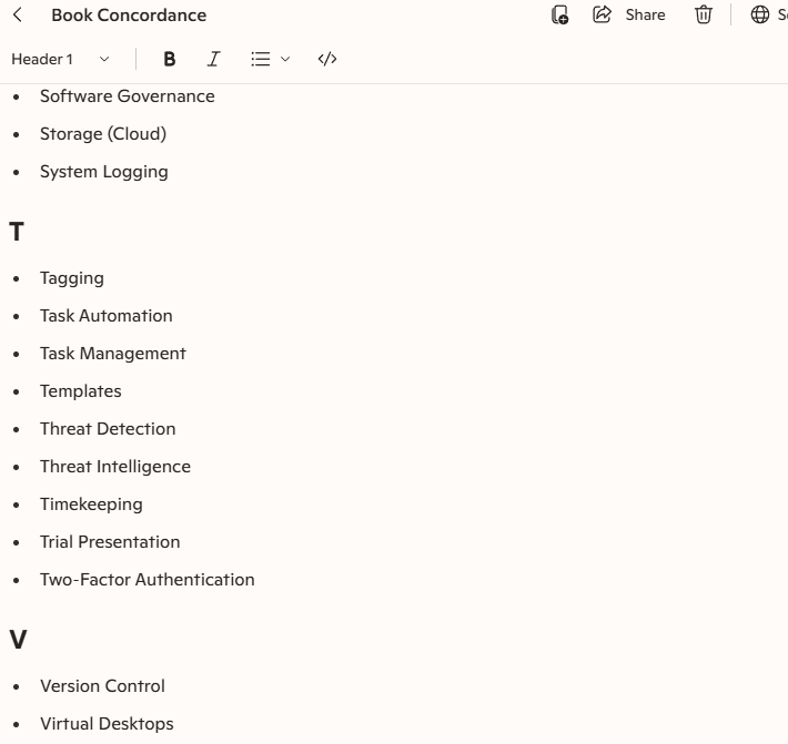 A list of words. At the top is the title Book Concordance. Below it is a typical what-you-see-is-what-you-get editor for formatting the content. The text inside the editor is in a bulleted list, showing terms in the S, T, and V areas: system logging, task management, version control.